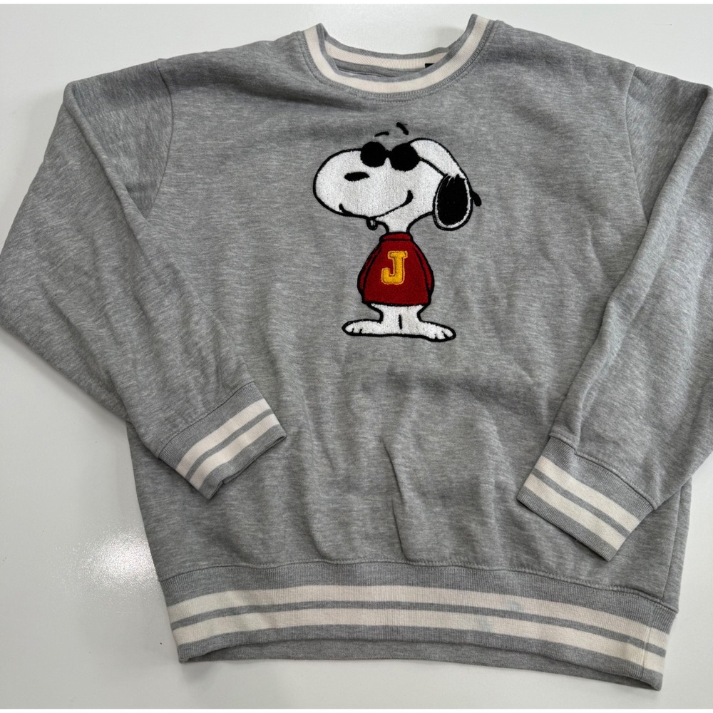Peanuts Joe Cool Snoopy Sweatshirt Grey Embroidered Varsity Stripe Medium